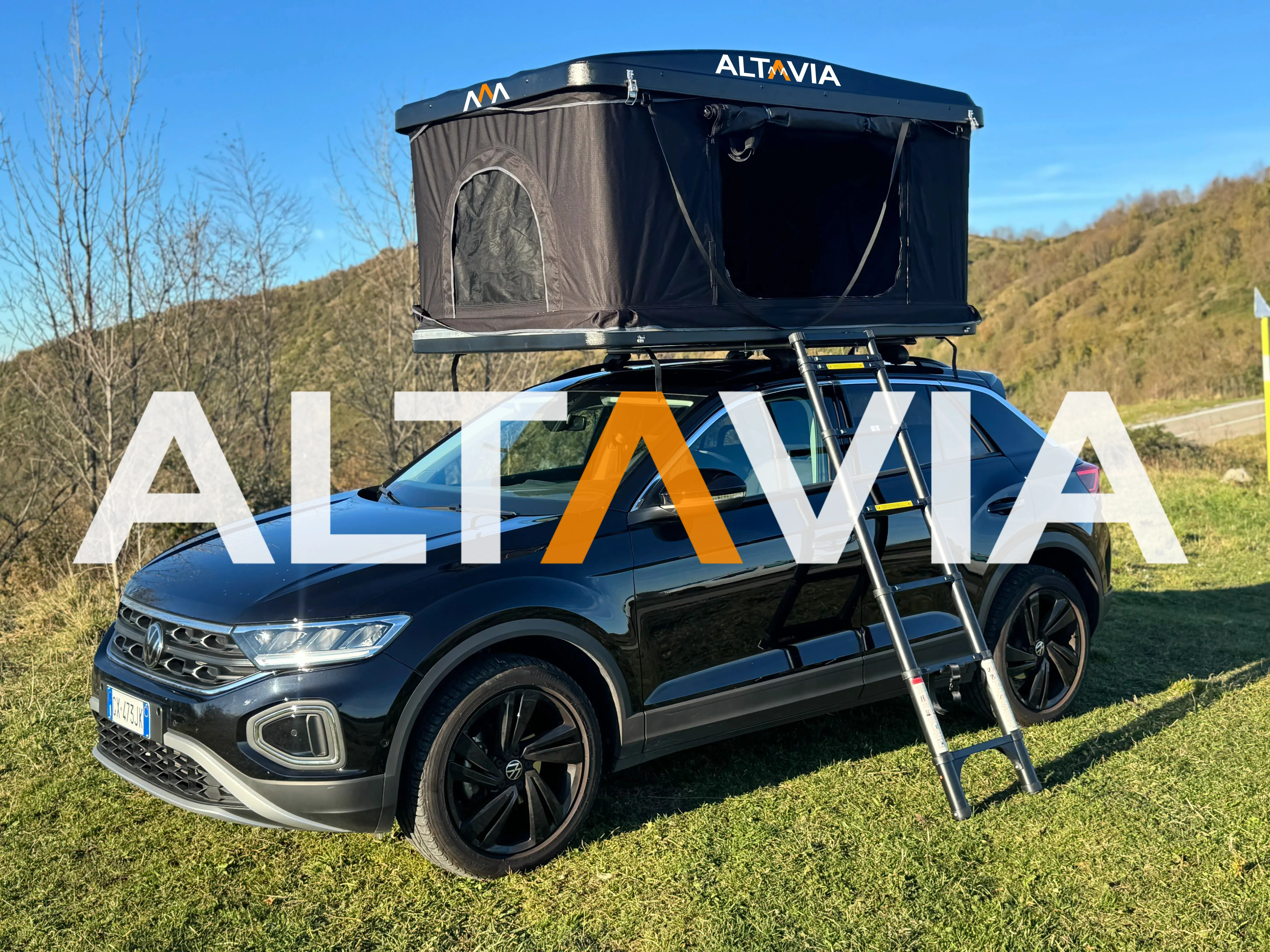 Roof tent open, front-left view